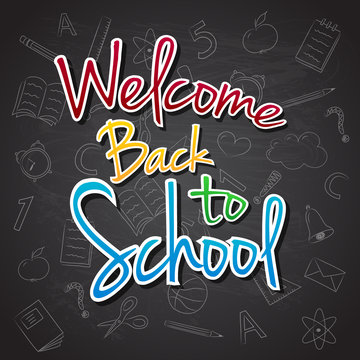 Back to School - poster with funny doodles on blackboard. Vector.