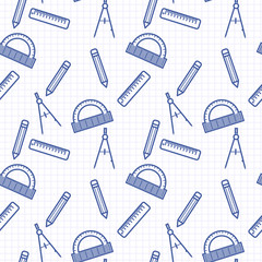 Obraz premium Seamless pattern with blue line art icon of ruler, compasses, pencil and angle ruler on notebook page background. Vector illustration. Background for wallpapers, prints, gift wrap and scrapbook.