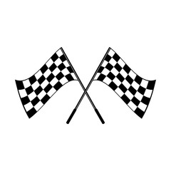 Crossed black and white checkered flags logo conceptual of motor sport, isolated on white