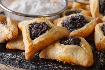 Hamantaschen cookies or hamans ears Purim celebration closeup. Horizontal