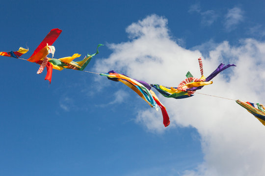 Colorful buntings overhead with clouds and blue sky as the background.