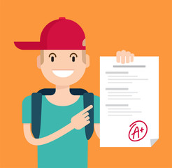 Portrait of teenager showing perfect test results with a plus. A paper with the top university grade. Vector flat  illustration