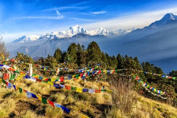 Crédence de cuisine en verre imprimé Dhaulagiri Prayer flag at Poon hill in Nepal