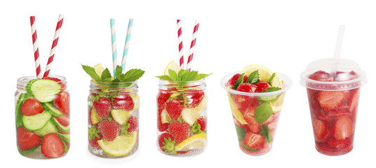 Drinks from strawberries, blueberries, orange, cucumber. Collage of lemonades isolated on white background. Set of different refreshing drink with striped straw.