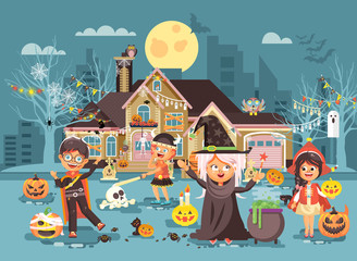 Vector illustration cartoon characters children Trick-or-Treat, boy, girl costumes, fancy dresses celebrate holiday party Happy Halloween, decorated pumpkins, skeletons, volatile mice flat style