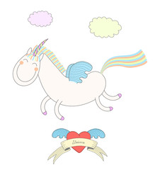 Hand drawn vector illustration of a cute unicorn with wings, flying among the clouds, with winged heart and text Unicorn on a ribbon.
