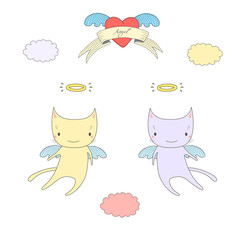 Hand drawn vector illustration of two cute angel cats with halo, flying in the sky, with winged heart and text Angel on a ribbon.