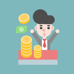 Businessman with money on the desk. Rich businessman. Business concept cartoon illustration.