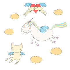 Hand drawn vector illustration of a cute unicorn with wings and angel cat, flying among the clouds, with heart and text Angel on a ribbon.