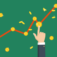 The graph goes up. The finger selects the money. Business concept of success. Vector