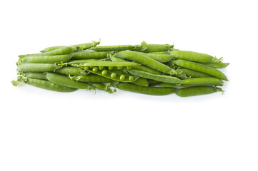 Green peas isolated on a white background. Green peas  at border of image with copy space for text.