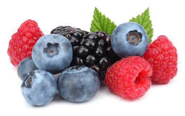 mix of blueberries, blackberries, raspberries isolated on white background
