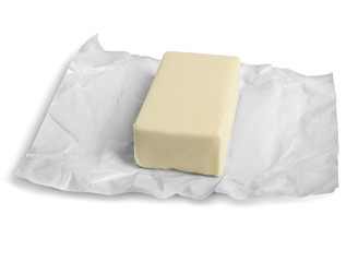 Wrapping with piece of butter on white background