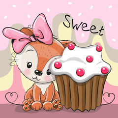 Greeting card Cute Fox with cake