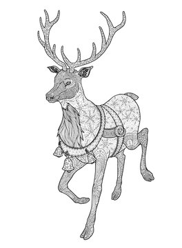 Christmas coloring book with deer for adult isolated on white.