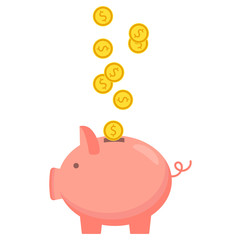 Piggy bank with coin icon, isolated flat style. Concept of money, investment, banking or business services. Vector illustration.