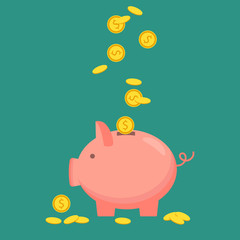 Piggy bank with coin icon, isolated flat style. Concept of money, investment, banking or business services. Vector illustration.