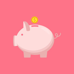 Piggy bank with coin icon, isolated flat style. Concept of money, investment, banking or business services. Vector illustration.