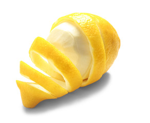 Delicious peeled lemon on white background