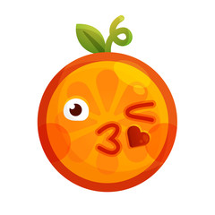 Kiss emoji. Kissing orange fruit emoji with heart. Vector flat design emoticon icon isolated on white background.