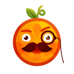 Gentleman smile emoji. Smiley orange fruit emoji with mustache and monocle. Vector flat design emoticon icon isolated on white background.