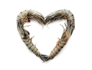 Fresh shrimps in shape of heart, isolated on white
