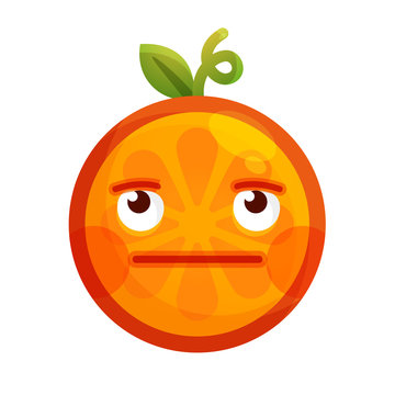 No words straight face emoji. No words feeling orange fruit emoji. Vector flat design emoticon icon isolated on white background.