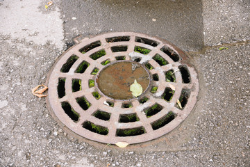 Sewer cover on a rainy street. Natural.  Sewer hatches. Rainy autumn weather. Sewage well