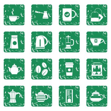 Tea and coffee icons set grunge