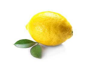 Delicious fresh lemon and green leaves on white background