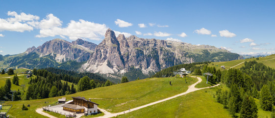 Great landscape on the Dolomites. View on Gardenaccia massif and the Sassongher peak. Alta Badia,...