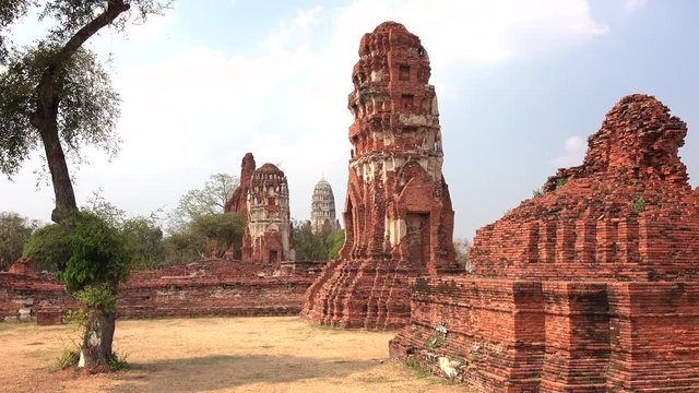 Temple ruins of Wat Mahathat in Ayutthaya, Thailand, slow zoom in