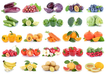 Obst und Gemüse Früchte Apfel Tomaten Zitronen Orangen Beeren Salat Farben Collage Freisteller freigestellt isoliert