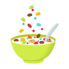 Cereal bowl with milk, smoothie isolated on white background. Concept of healthy and wholesome breakfast. Vector illustration