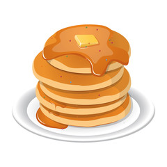 Vector illustration. Fresh tasty hot pancakes with sweet maple syrup. Cartoon icon isolated on background. Vintage restaurant sign. - 166506838