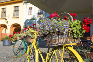 Fototapeta na wymiar Bicycle with flower basket on the street of Sighisoara in Romania