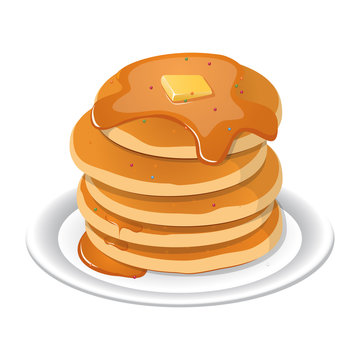 Vektorová grafika „Vector illustration. Fresh tasty hot pancakes with sweet  maple syrup. Cartoon icon isolated on background. Vintage restaurant sign.“  ze služby Stock | Adobe Stock