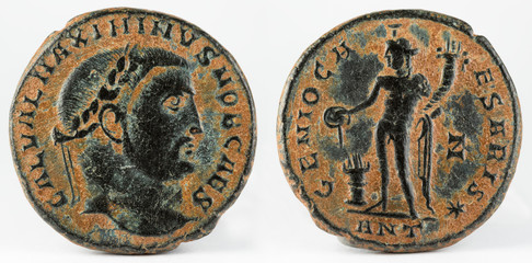 Ancient Roman copper coin of Emperor Galerius Maximian.