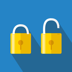 Opened and closed locks. Flat style. Concept of password, blocking, security. Lock icon, isolated on colored background. Vector