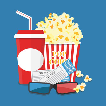 Vector Illustration. Popcorn And Drink. Film Strip Border. Cinema Movie Night Icon In Flat Design Style. Bright Background.