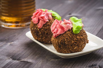 cake and two glasses of hot tea/two cake and a glass with hot tea