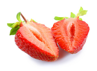 Halves of tasty red strawberry on white background