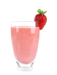 Glass of delicious strawberry homemade smoothie on white background
