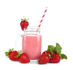 Mason jar of delicious strawberry homemade smoothie on white background