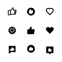 Thumbs up and heart signs. Flat vector icons. Simple buttons with user feedback for social network, mobile app or web site design