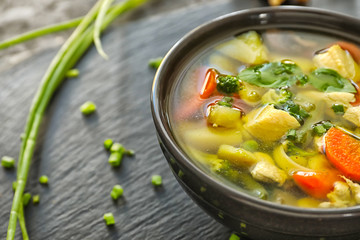 Bowl with delicious turkey soup on table