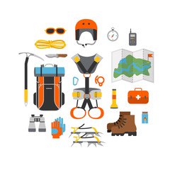 Icon set flat design of modern of climbing and equipment for hiking isolated. Outfit for mountaineering and items for traveling and recreation. For web sites, applications and printing, vector