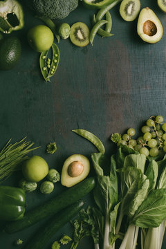 Green vegetables and fruits with copy space