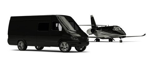 Van limousine with private jet / 3D render image representing an ptivate jet with a van limousine   © Mlke
