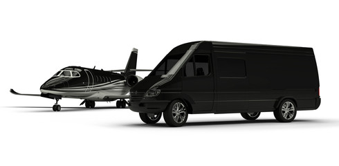 Van limousine with private jet / 3D render image representing an ptivate jet with a van limousine   © Mlke